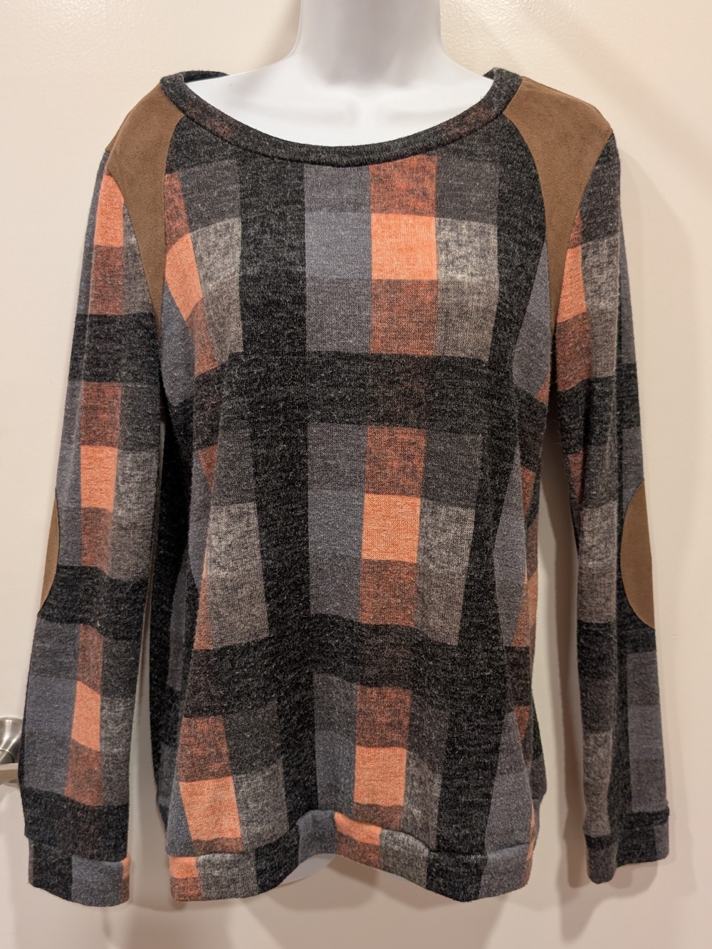 12 PM Mon Ami Plaid Knit Top W/ Elbow Patches Women's EXCELLENT CONDITION